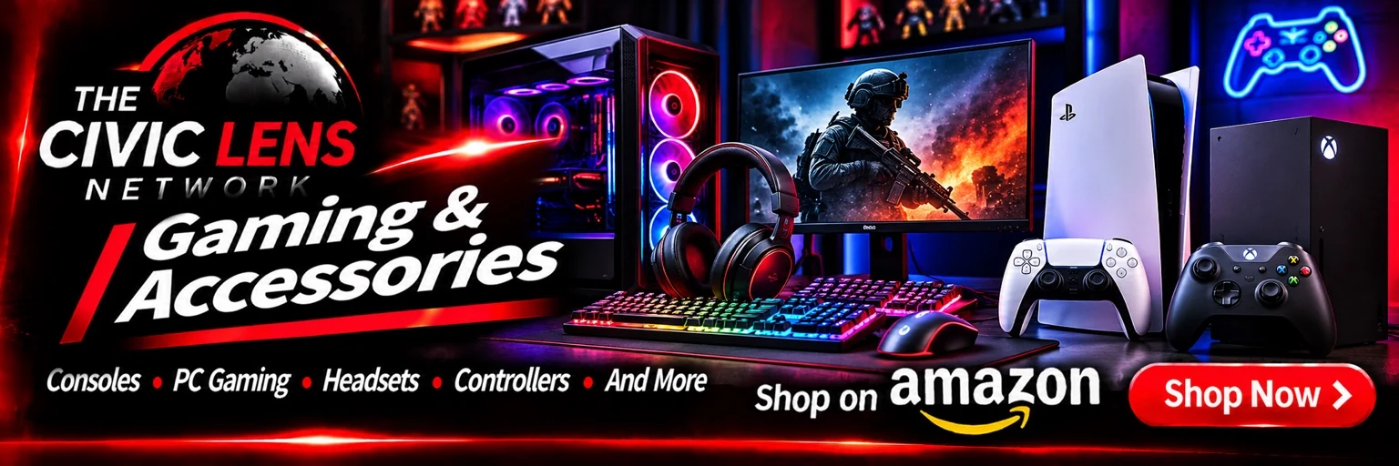 Civic Lens Amazon shopping banner: video games and gaming accessories