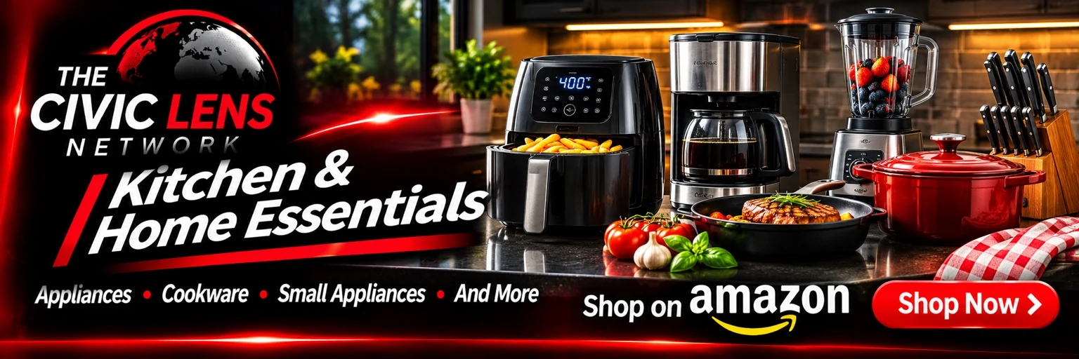 Civic Lens Amazon shopping banner: kitchen appliances and cookware