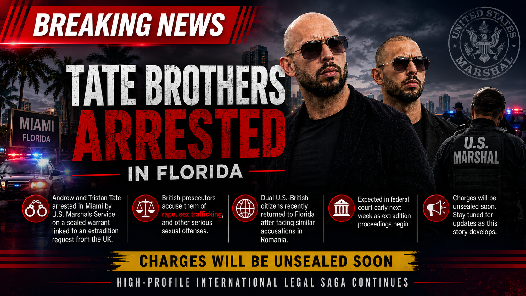 Andrew & Tristan Tate Arrested in Miami as UK Seeks Extradition on Serious Criminal Allegations