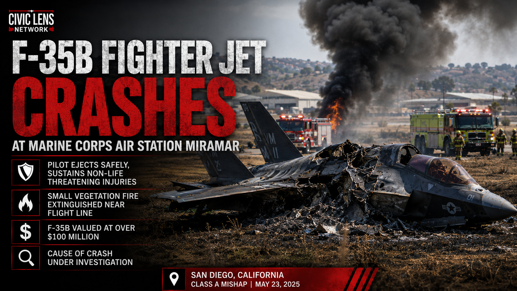 Pilot Safe After F35B Jet Crash Near San Diego Marine Base