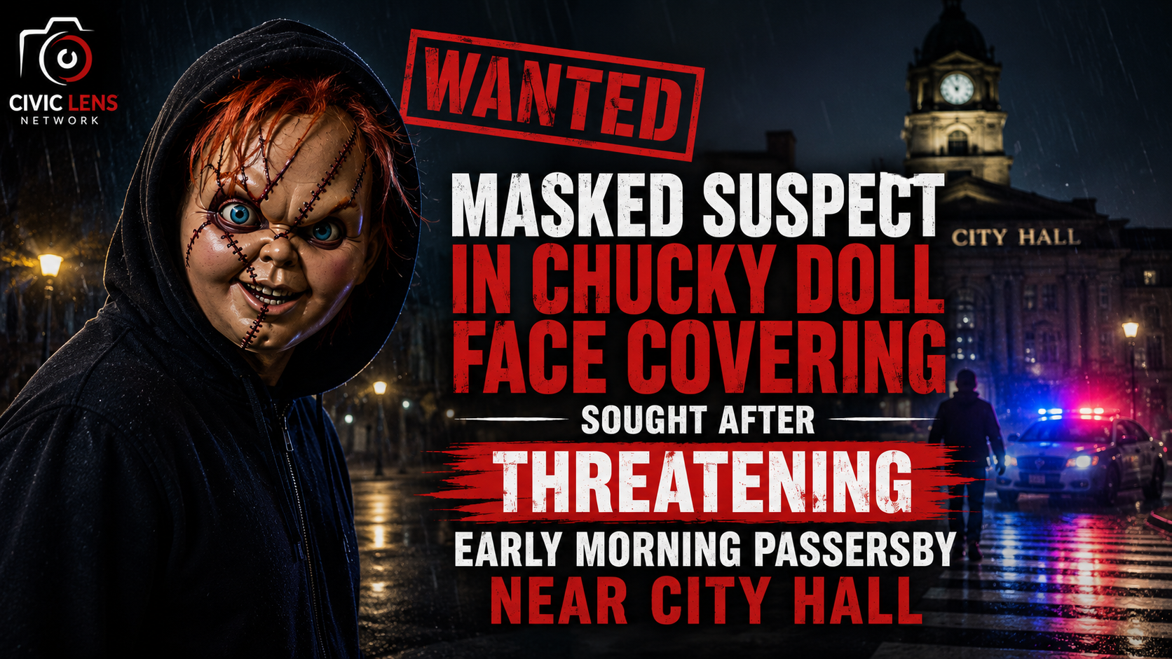 Masked Suspect in Chucky Doll Face Covering Sought After Threatening Early Morning Passersby Near City Hall