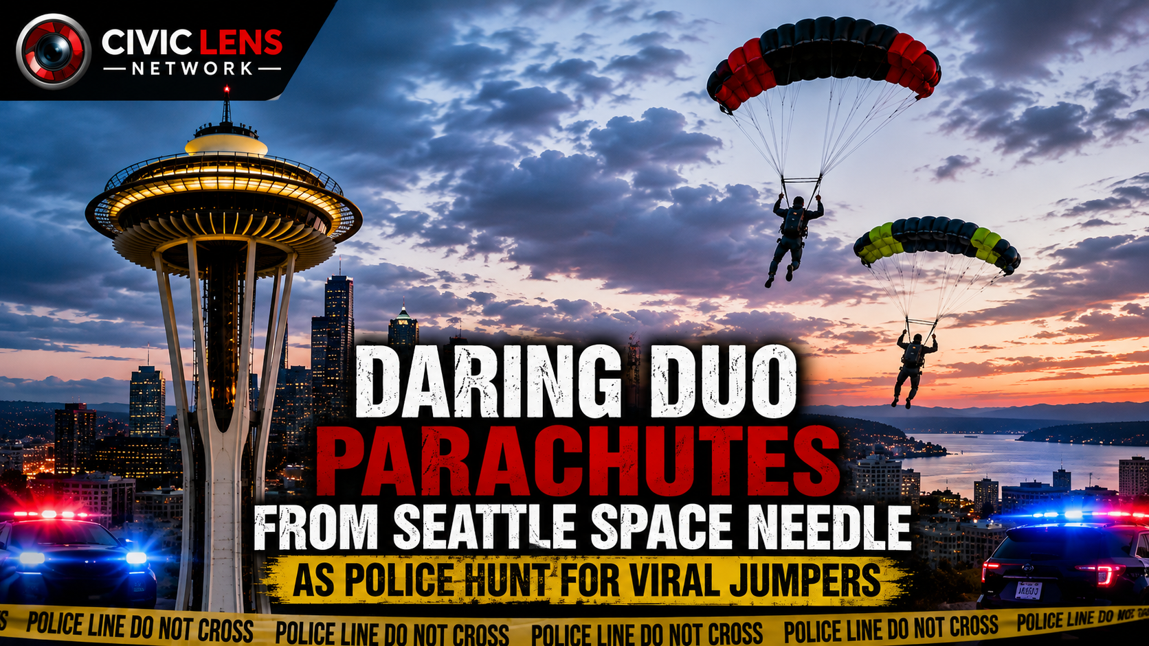 Daring Duo Parachutes From Seattle Space Needle as Police Hunt for Viral Jumpers